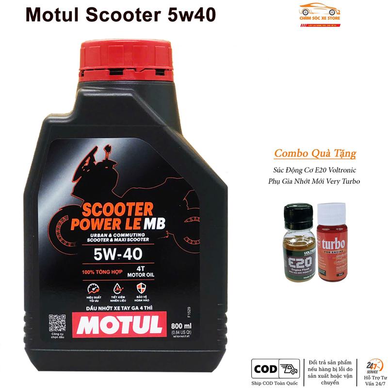 Dâu Nhớt Motul Scooter Power 5W40 dành cho xe tay ga Kèm Quà Gồm 1 Súc Động Cơ E20 Voltronic và 1 Phụ Gia Nhớt Mới Xado Very Turbo