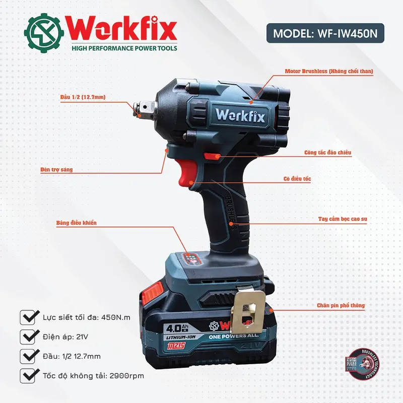 Máy siết bulong workfix -HM-IW 450n cordless động cơ không than tặng kèm phụ kiện 3