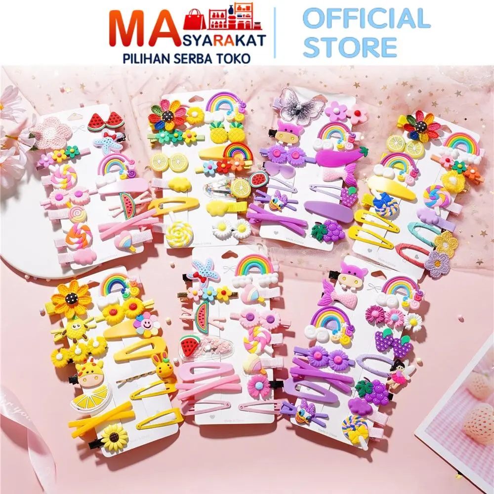 Masyarakat Pilihan Jepit Rambut Anak Fashion Korea 14pcs H698 Set Kartun Motif Lucu Plastik Cantik untuk Gadis Cod Clips