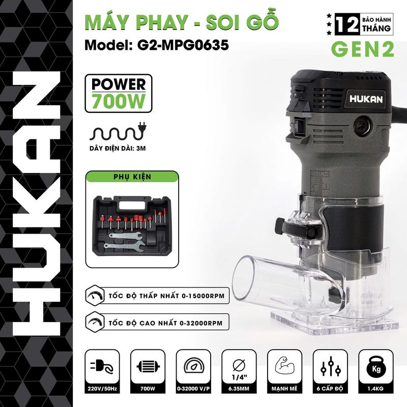 Máy Phay/Soi Gỗ HUKAN dùng diện Gen 2 G2-MPG0635 - công suất 700w- 6.35mm- 6 cấp chỉnh tốc- tặng phụ kiện