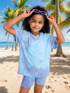 Two-Piece Set Toddler Girl's Tie Dye Print Drop Shoulder Tee & Shorts Set, Casual Short Sleeve Round Neck T-Shirt & Shorts for Summer, Kids Clothes for Daily Wear