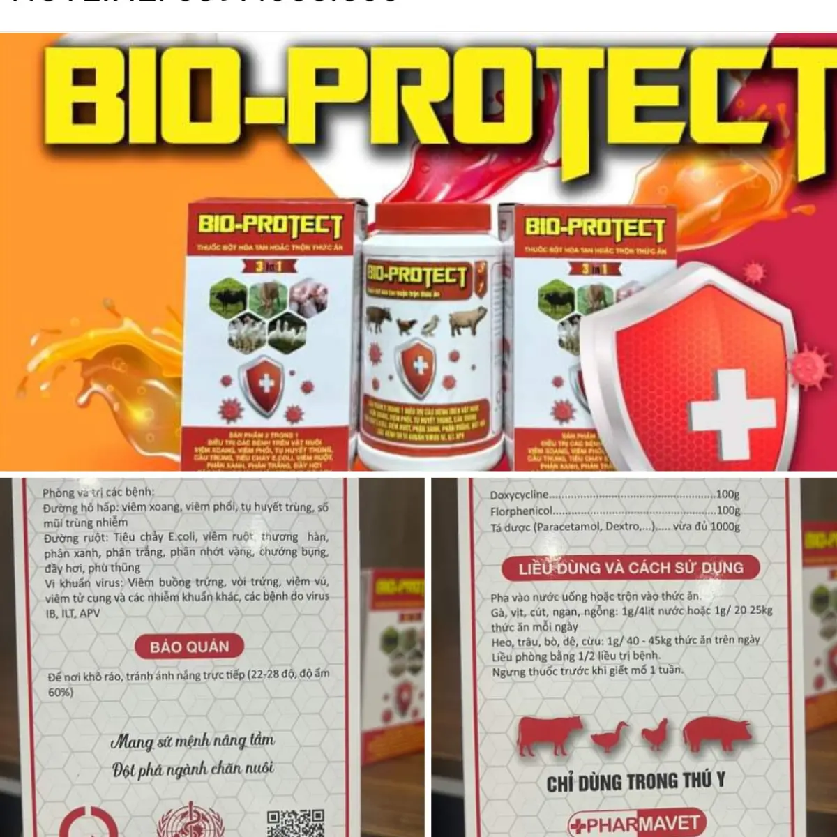 COMBO 3 GÓI BIO-PROTECT THUỐC PHÒNG VÀ ĐIỀU TRỊ BỆNH CHO VẬT NUÔI gói 100g