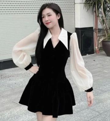 Váy nhung cổ chữ V tay phối voan có quần bảo hộ - Hân Linh shop