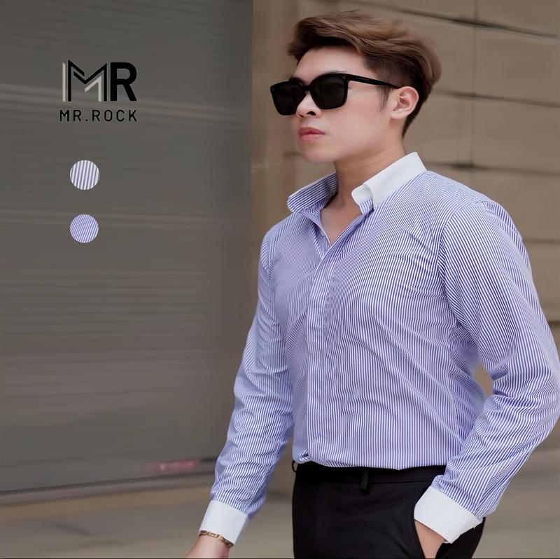 Áo Sơ Mi Nam Kẻ Sọc Thiết Kế Phối Cổ Trắng Dáng Slimfit Hàn Quốc