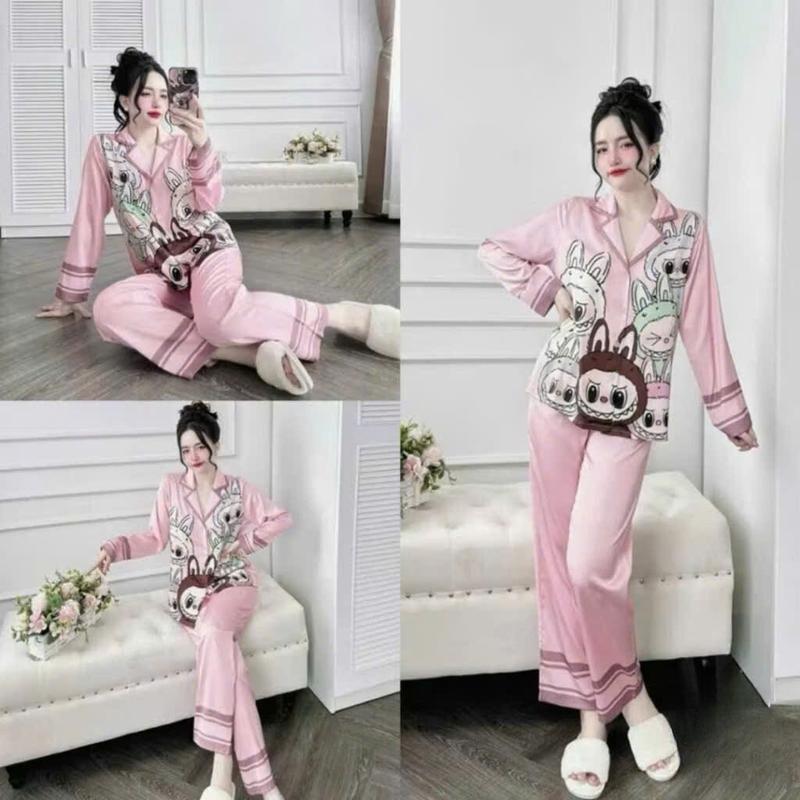 Bộ đồ ngủ mặc nhà dài tay in hình vải satin cao cấp - Bộ pijama hoạt hình dễ thương Nữ Women Quần Ngủ Áo Ngủ 1