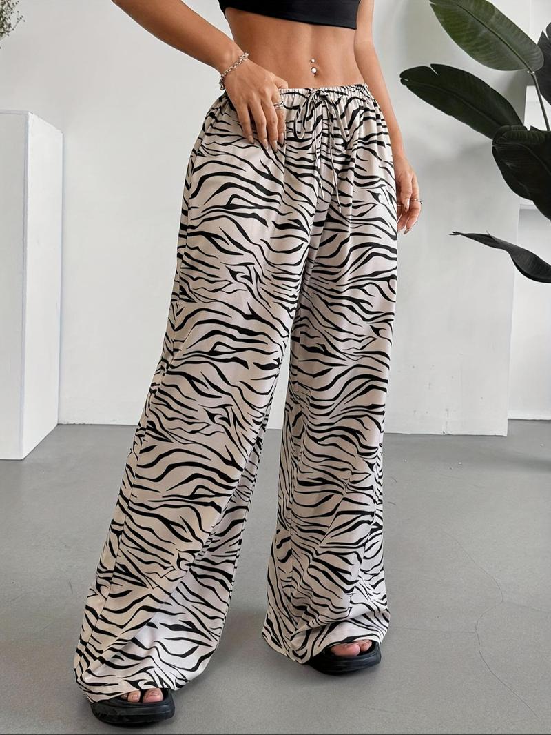 Product Introduction of Women's Zebra Stripe Print Drawstring Waist Wide Leg Pants, Casual Comfy Trousers for Daily Wear, Ladies Bottoms for All Seasons 3