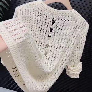 Hollow Out Versatile Stylish Outerwear Hollow Out Knitted Sweater Thin Long Sleeve Loose Round Neck Pullover Top