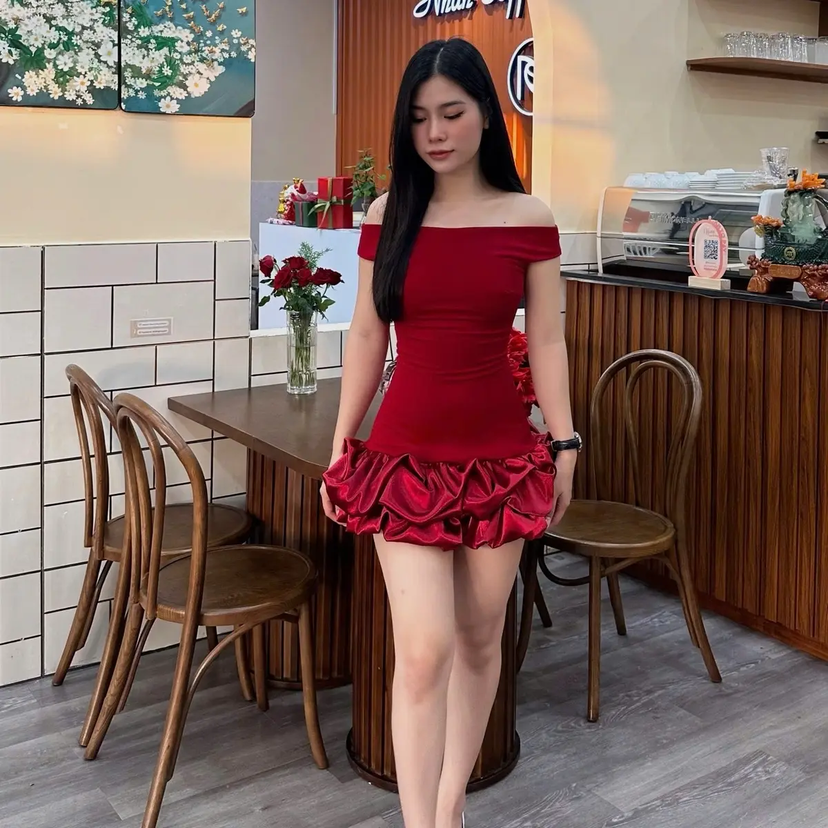 Váy Body thun Bẹt Vai Tùng Váy xoè bồng có quần liền