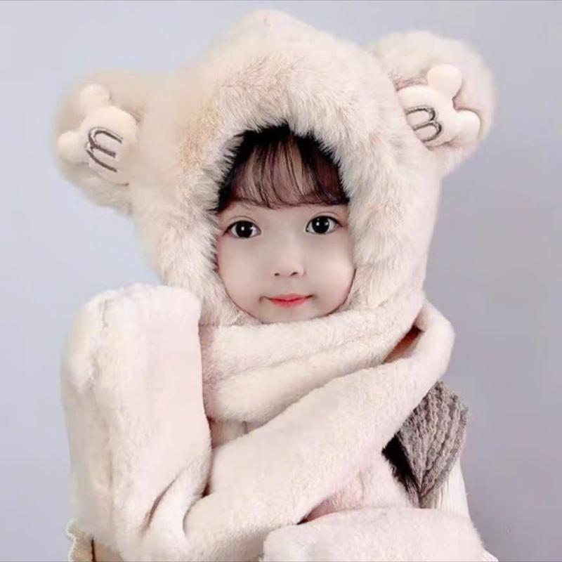 Mũ trùm đầu, mũ len kèm khăn choàng cổ và găng tay hình tai gấu đáng yêu cho bé trơn ếch nâu 3