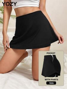 YOZY-GOOO Women's Solid Pocket 2 in 1 Skirt, Casual Comfy Breathable Skirt for Daily Outdoor Wear, Ladies Bottoms for All Seasons