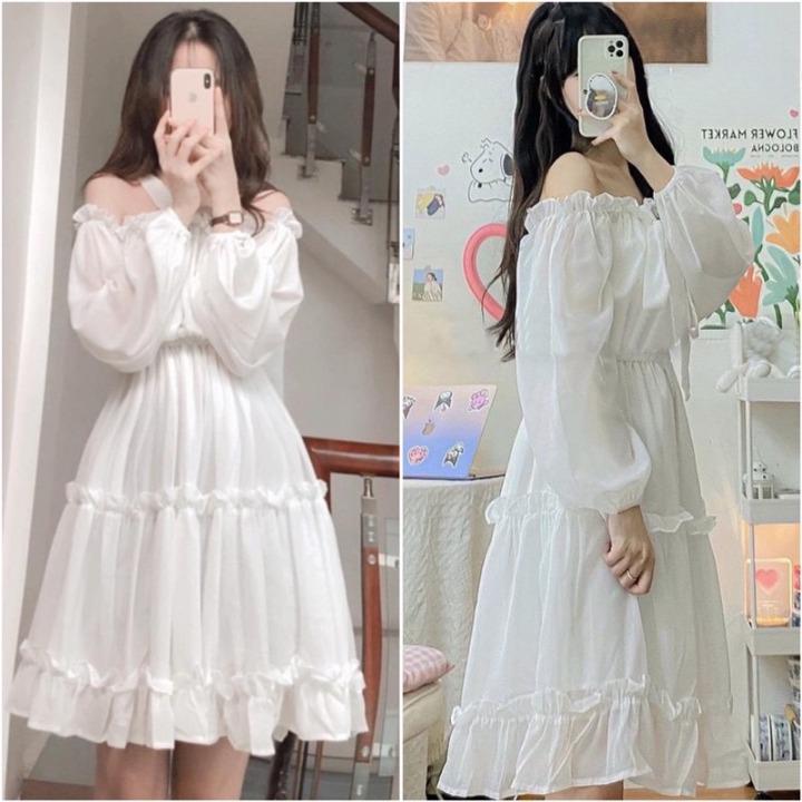 váy trắng tiểu thư trễ vai tay bồng dáng dài hai lớp, đầm trắng dự tiệc bánh bèo cá tính