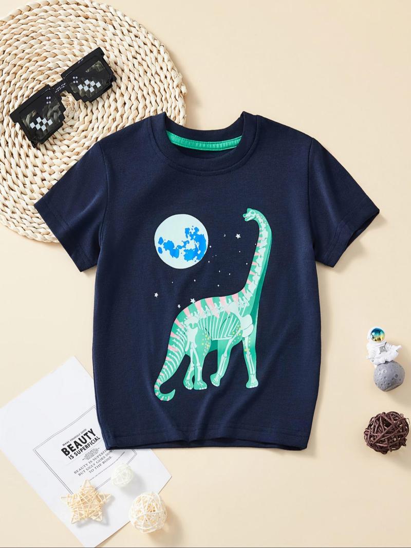 Product Introduction of Toddler Boy's Luminous Reflective Earth & Dinosaur Print Tee, Cute Short Sleeve Crew Neck T-Shirt, Kids Summer Clothes 14