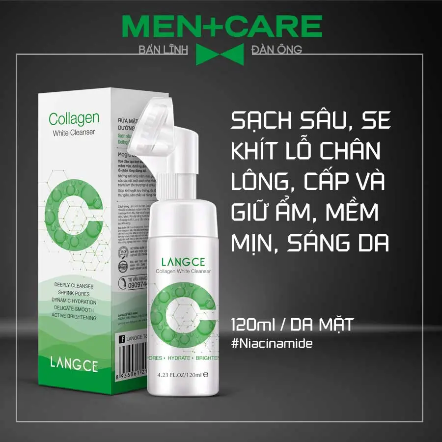 LANGCE RỬA MẶT COLLAGEN TRẮNG DA ĐẦU CỌ MASSAGE 120ml (HỘP XANH) CHO NAM