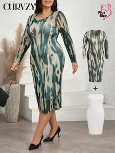 【Plus Size】 CURVZY Plus Size Tie Dye Print Long Sleeve Dress & Plain Tube Dress Two-piece Set, Casual Fashion Cozy Two Piece Set for Daily Outdoor Wear, Women Plus Clothing for All Seasons