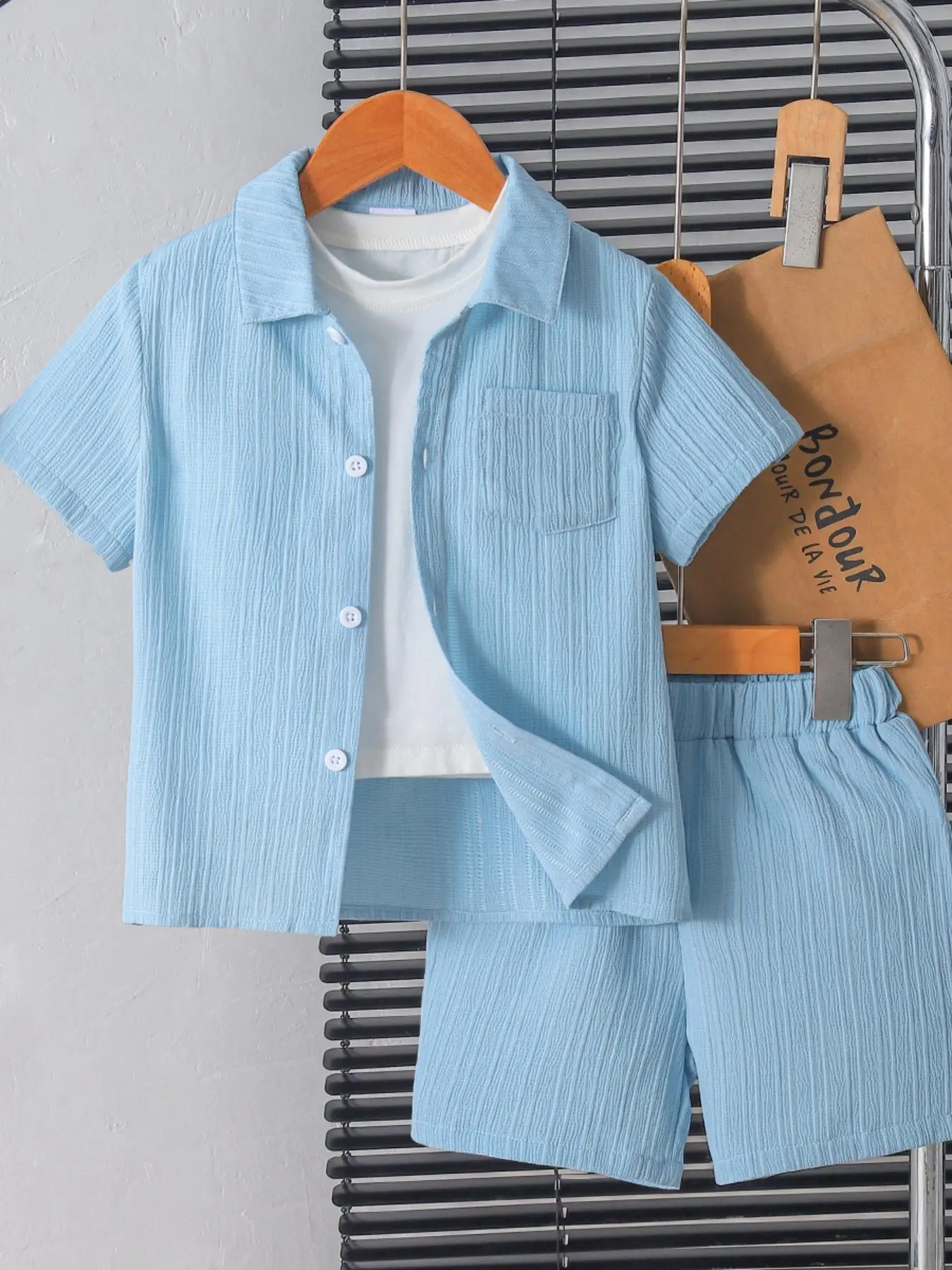 Two-Piece Set Boy's Solid Short Sleeve Button Up top & Elastic Waist Shorts Set, Casual Summer Outfits Clothes for Kids, Kids Clothes for Daily Wear