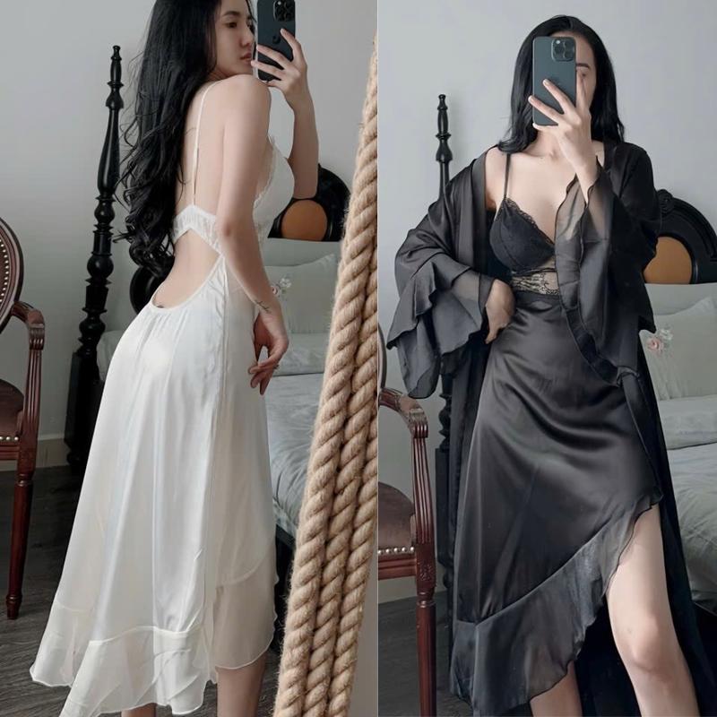Đầm 2 dây viền voan có đệm set choàng váy lụa latin mềm mịn mát freesize áo liền quần trắng + áo ngoài draped váy ngủ Nữ Dress Voi