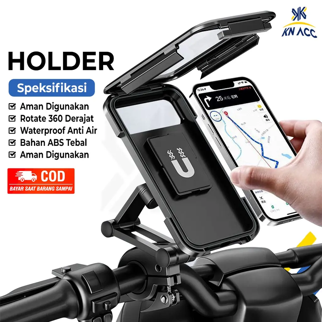 READY [KN ACC] PHONE HOLDER HP MOTOR / SEPEDA WATERPROOF ANTI AIR 360 Black Plastik Smartphone