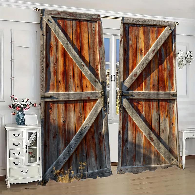 Wooden Door Pattern Printed Curtain, 1 Set Rustic Style Door Curtain with Lock, Home Decor for Living Room Bedroom, Room Divider Curtain 4