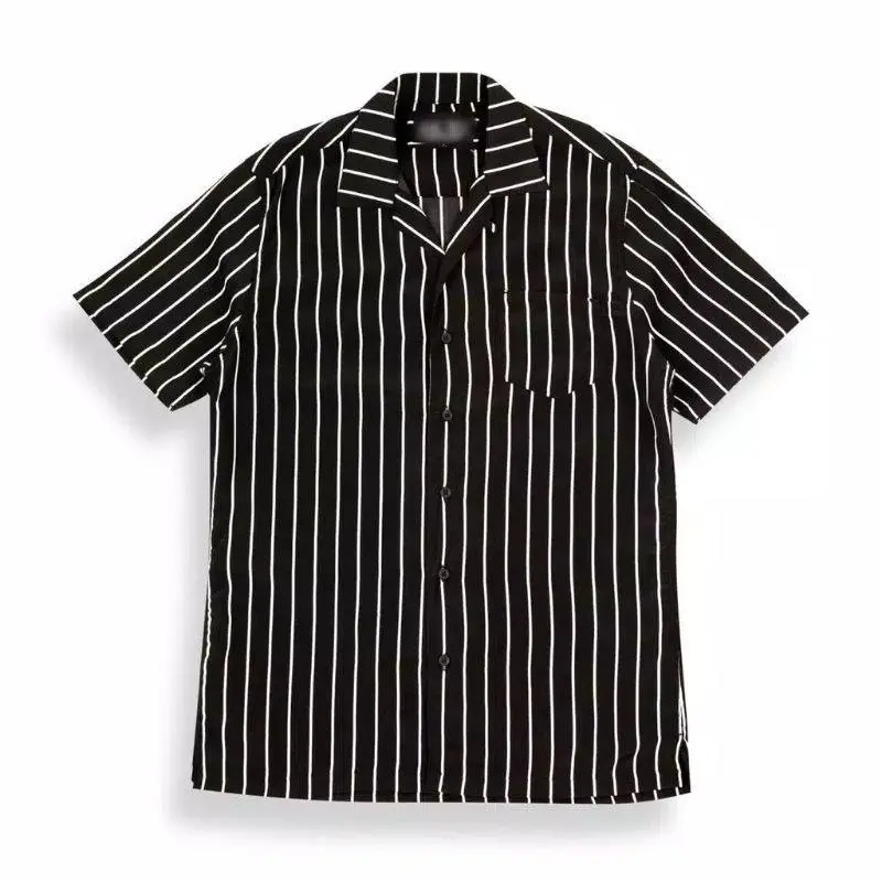 Kemeja Pria Salur Lengan Pendek Kemeja Strip Cowok Motif Setrip Kemeja Cowok Terbaru Santai Setrip V-Neck Slim-fitting Setrip Hem Kerah Panjang Hitam 4