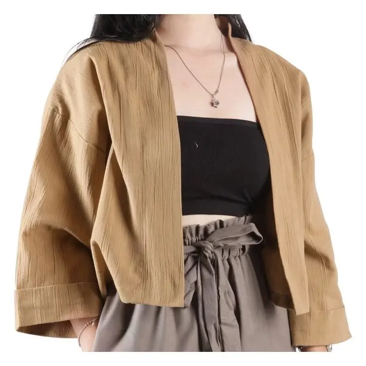 Outer Wanita Crop Lengan 3/4 Outer Kiyowo Cardi Crop Linen Crinkle Belia Outer Crop Baju Cardigan Blazer Wanita kemeja 3⁄4 Atasan Kardigan Oversize Simple Casual Nyaman Basic kondangan korean style Fit 1