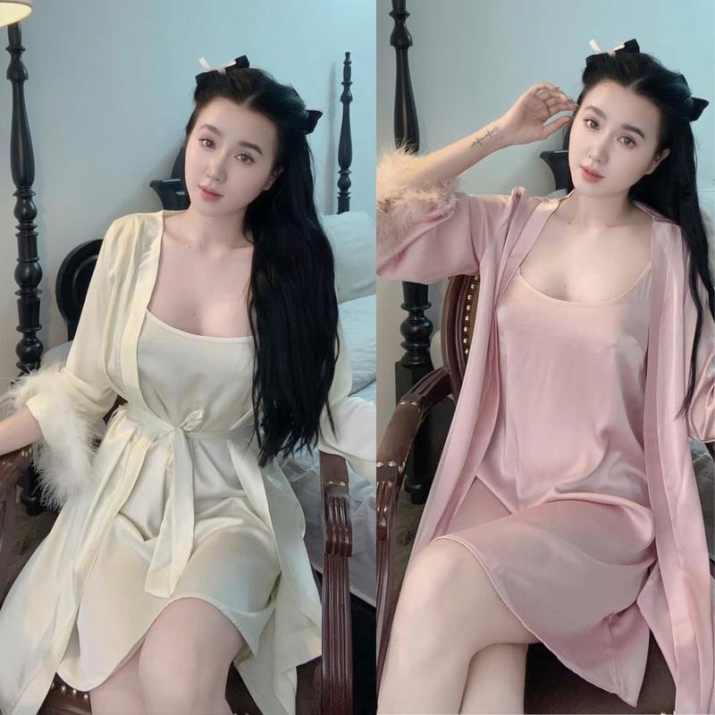 Set áo choàng và váy 2 dây có đính lông vũ chất vải lụa latin mềm mịn mát Freesize Nữ Women Dress