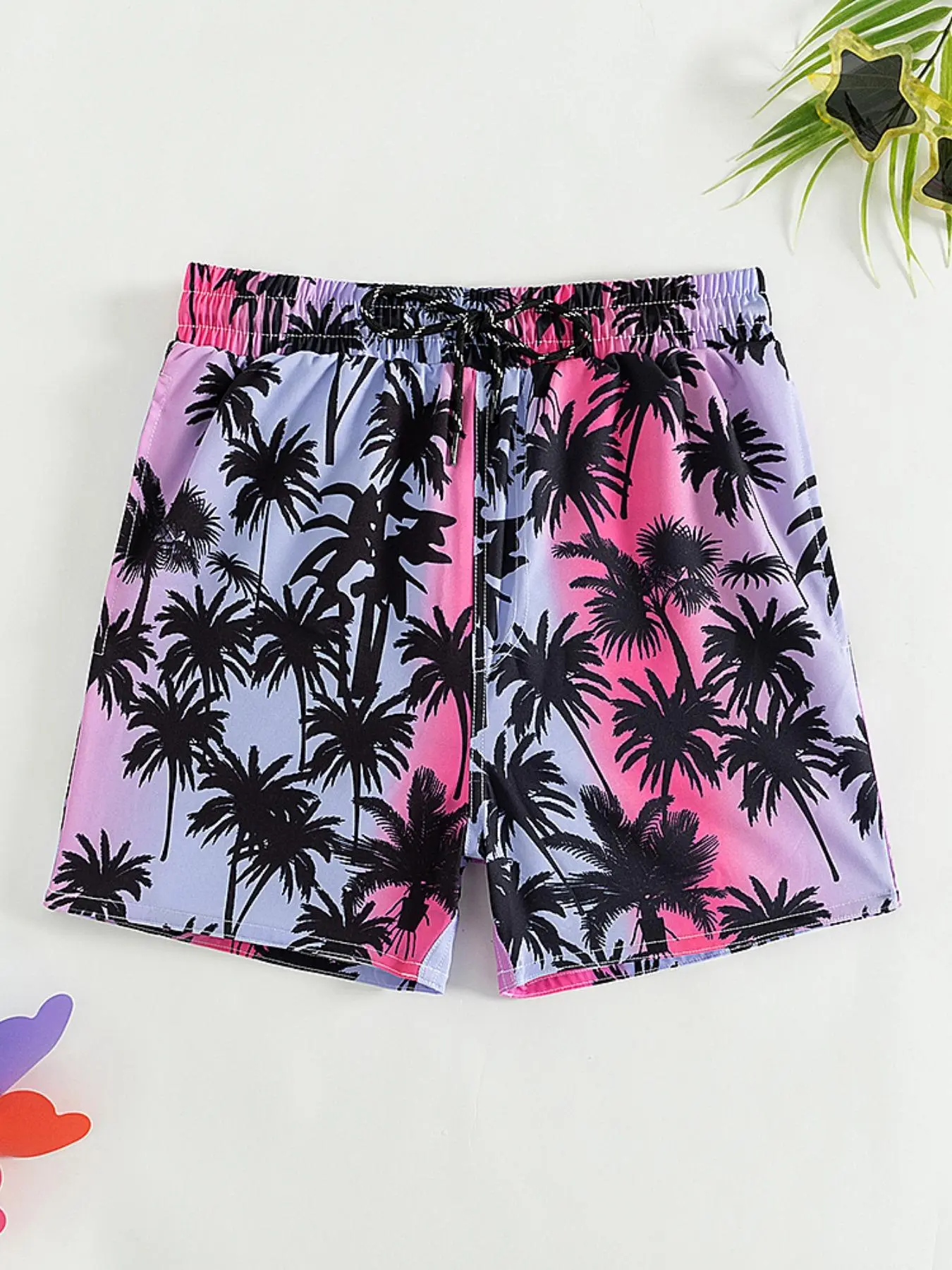 Boys' All Over Palm Tree Print Drawstring Waist Beach Shorts, Casual Quick Drying Colorblock Print Pocket Swim Shorts for Summer, Kids Swimwear for Beach Vacation