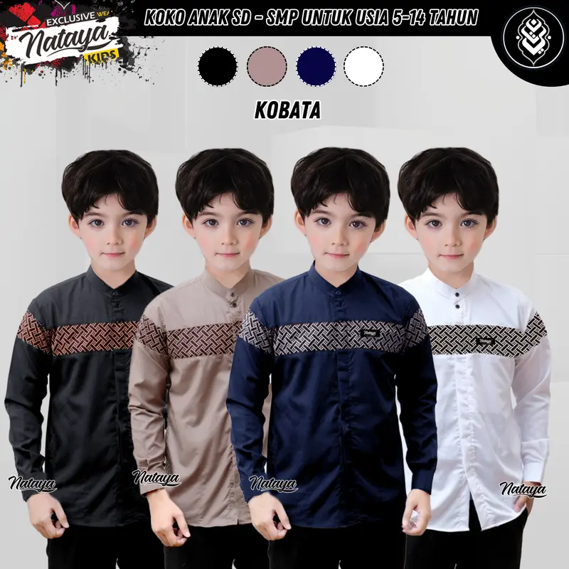 baju koko anak lengan panjang motif kombinasi batik untuk usia 9 sampai 14 tahun warna coklat putih hitam navi Atasan Katun 0