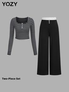 YOZY Women's Striped Print Button Front Tee & Wide Leg Pants Two-piece Set, Casual Long Sleeve Round Neck Top & Pants for Daily Wear, Ladies Two-piece Outfits for All Seasons