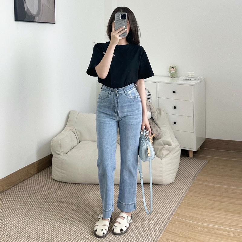 Quần jean nữ ống đứng túi thêu phối lai 5 phân dành cho nấm lùn lưng cao tôn dáng co giãn