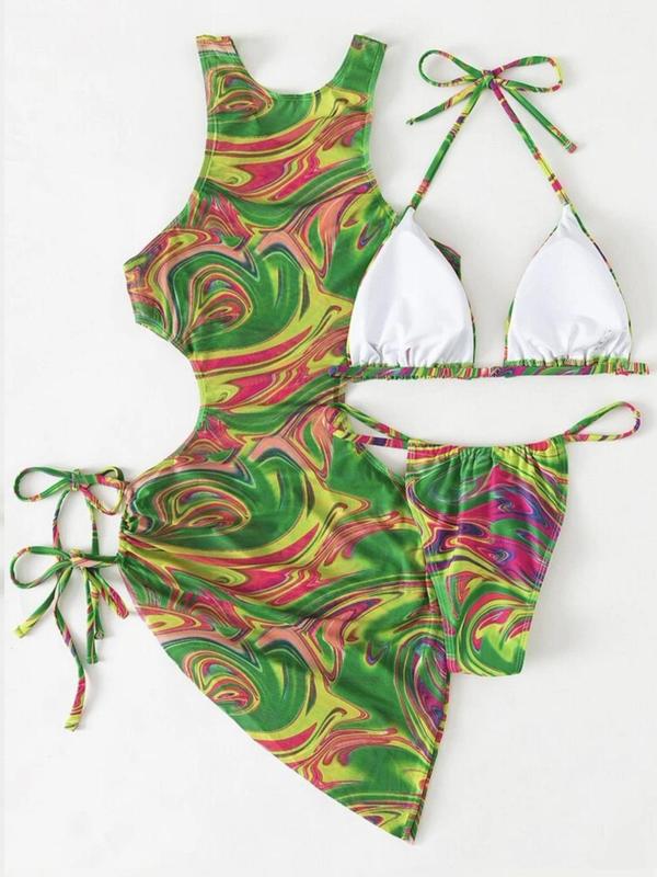 Women's All over Print Cut out Triangle Bikinis for Summer 2024, Drawstring Tie Back Halter Neck High Cut Swimwear Set for Summer, Swimsuit for Beach Holiday 3