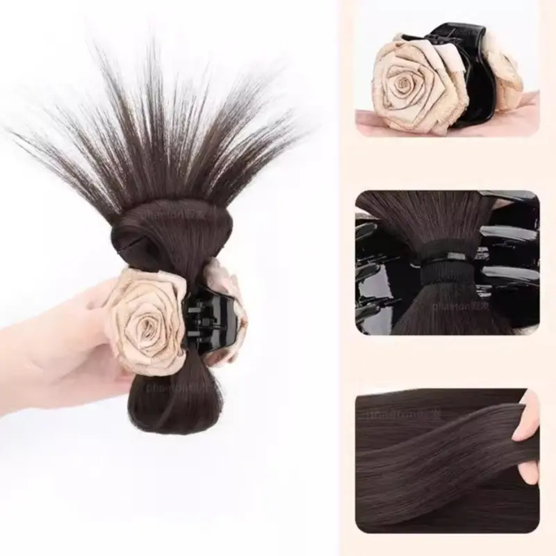 Tóc Giả Phong Cách Trung Quốc Cho Nữ, Tóc Nối Đuôi Ngựa Hình Quả Bóng Buộc Nửa, Kẹp Hoa Hồng, Tóc Giả Lọn Tóc Trông Tự Nhiên, Tóc Mái, Nhẹ Nhàng Và Dễ Phối Đồ Tóc Mô Phỏng, Hàng Mới Về 6