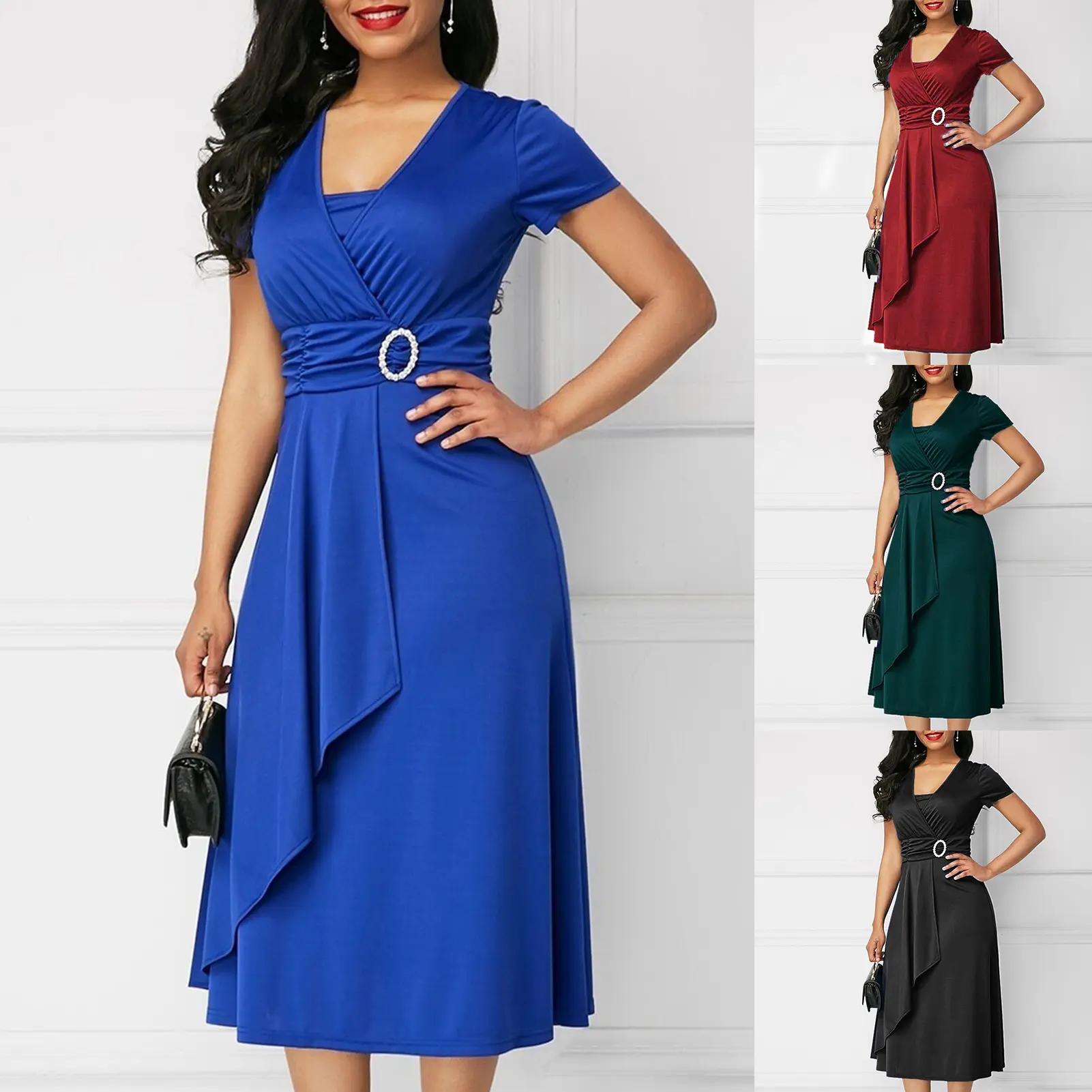 Women Dress Solid Color Large Hem Sexy Temperament A-Line Dress for Wedding