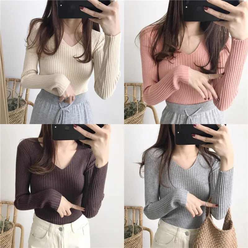 Official Figure Core-Spun Yarn V-neck Knitted Bottoming Shirt Needle Top Women's Autumn and Winter New Tight Woven Shirt Long Coat