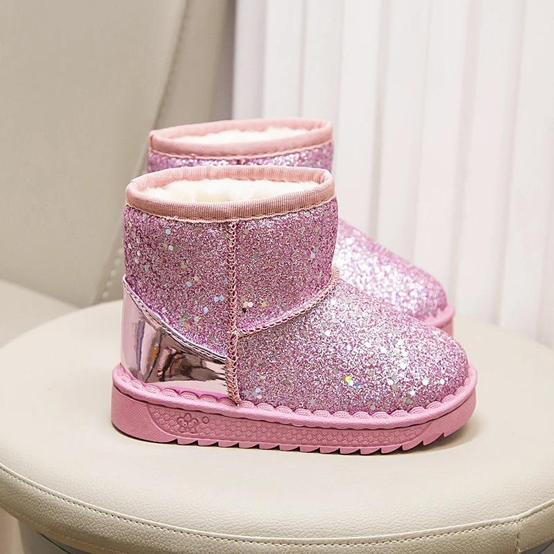 Product Introduction of Winter Girl's Snow Boots Glimmer Three Colors Thick Fur Kids Short Boot Warm Beautiful Stylish Slip-on Children Shoes 25-36 12