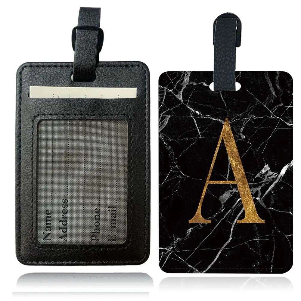Marble Letter Pattern PU Leather Luggage Tag, 1 Count Durable Suitcase ID Card Holder, Business Cards Waterproof Organizer Case, Unique Letter Theme Travel Accessories