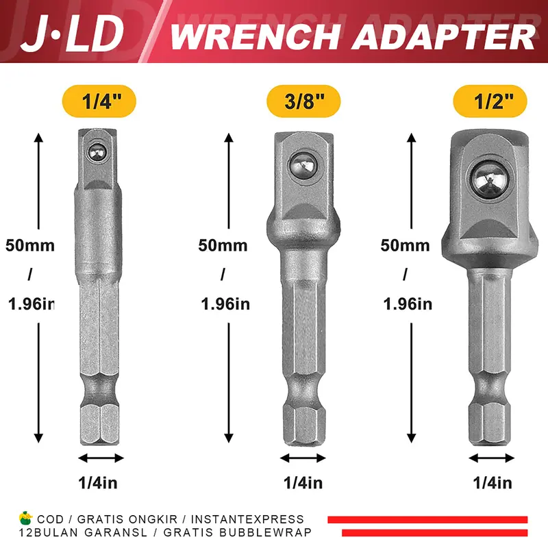 JLD Socket Adapter Drill Bits Hex Shank Impact Driver Tools 1/4" 3/8" 1/2" Adapter Kepala Bor Hex Kunci Socket Impact Driver Converter 3PCS 0