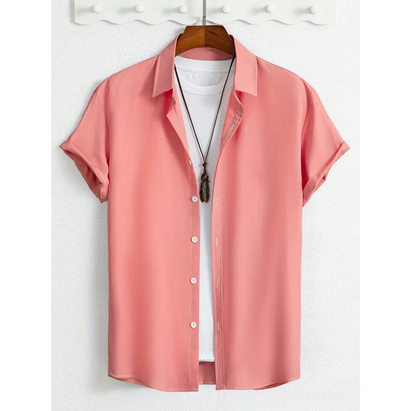Easy style men's bohemian pink button-up shirt, perfect choice for summer, cross-border fashion casual pink shirt