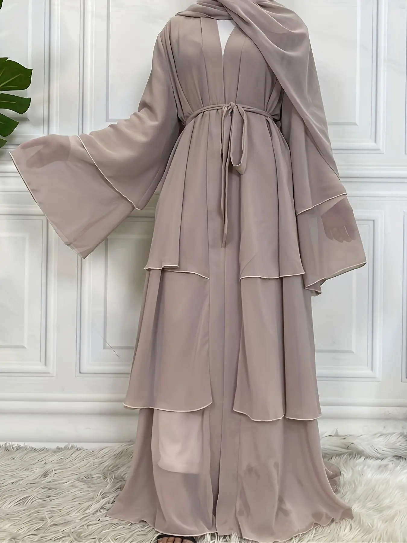 2024 New Arabic Clothing- Women's Solid Belted Tiered Layer Chiffon Abaya, Closed Abaya, Modest Long Sleeve V Neck Abaya For Spring & Fall, Abayas for Women, Summer Outfits 2024