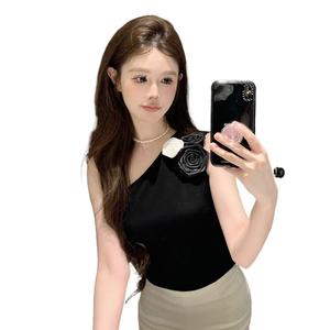 French Fashion Sexy Black and White Rose Off-Shoulder Sleeveless Top Slim Fit Short High-End Base Vest for Women