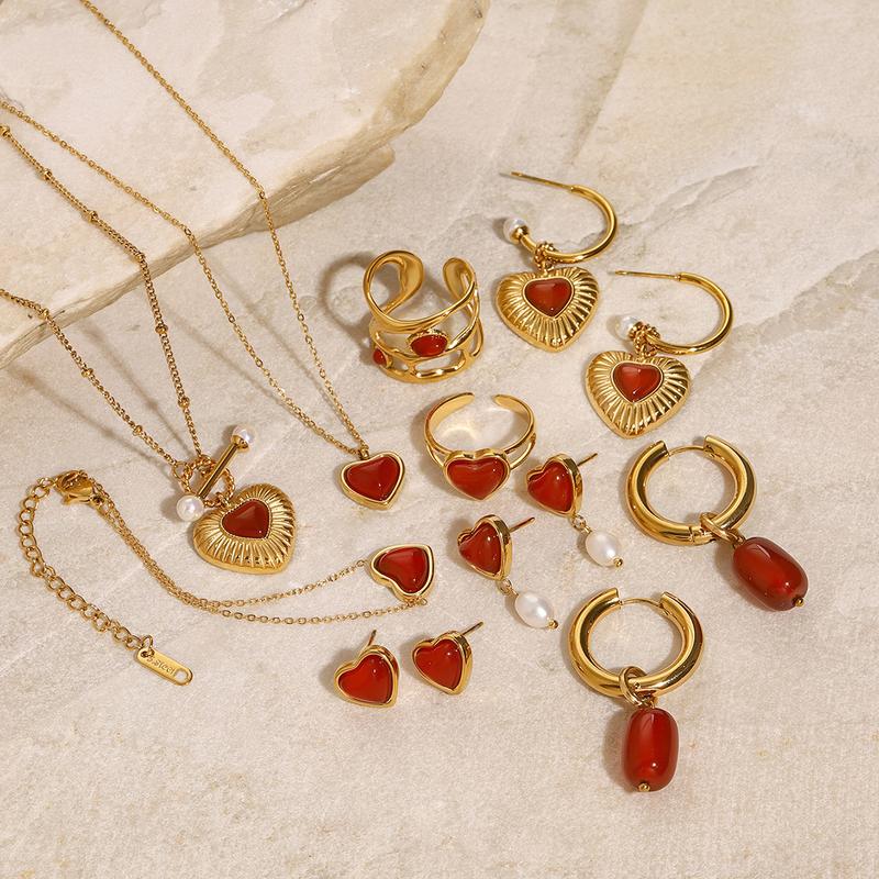 Vòng Cổ Trái Tim, Chất Liệu Thép Không Gỉ 18K, Mặt Dây Chuyền Và Hoa Tai Agate Đỏ, Phong Cách Độc Đáo Nhẫn, Cao Cấp 3