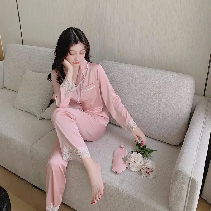 Bộ ngủ lụa nữ dài tay, bộ đồ mặc nhà xinh xắn phối ren nữ tính tiểu thư sang chảnh pijama siêu mềm mại cao cấp 132 B-2 4