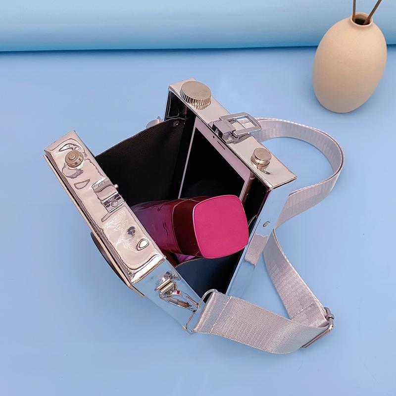 Product Introduction of Mini Camera Design Box Bag, Fashion Letter Patch Decor Crossbody Purse With Wide Strap 0
