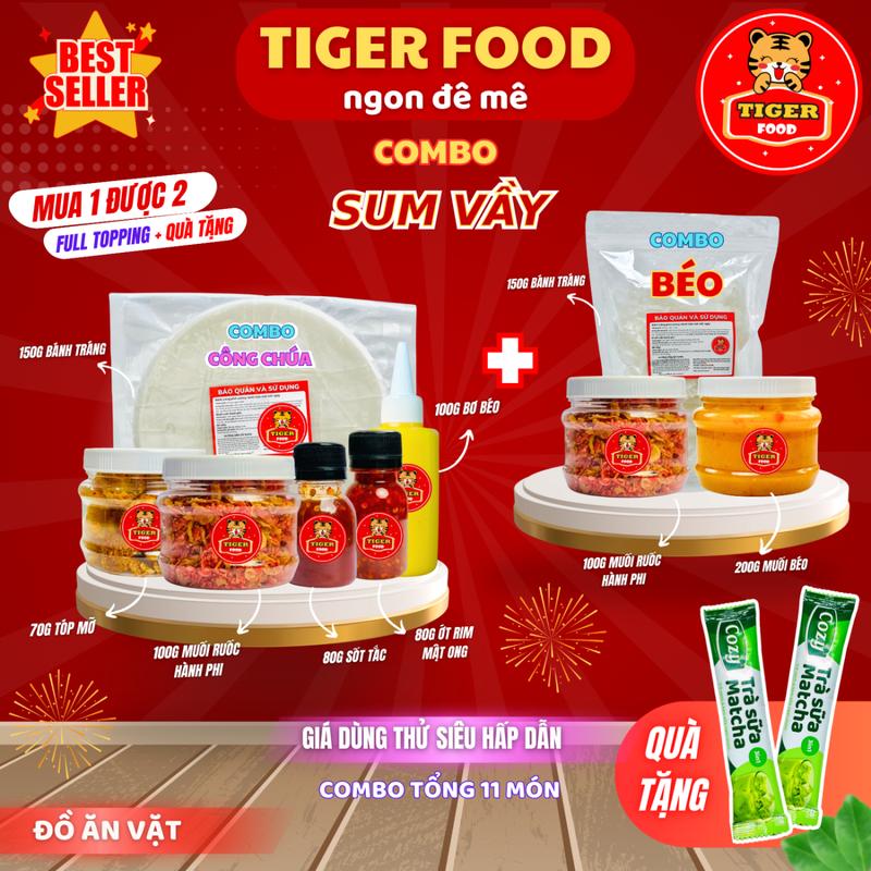 COMBO SUM VẦY - Bánh tráng phơi sương TIGER FOOD - Combo Công Chúa (06 món) + Combo Béo (03 món) Muối Ruốc Hành Phi - Muối Béo - Tóp Mỡ - Sốt Tắc Chua Ngọt + Tặng kèm 02 gói trà sữa matcha