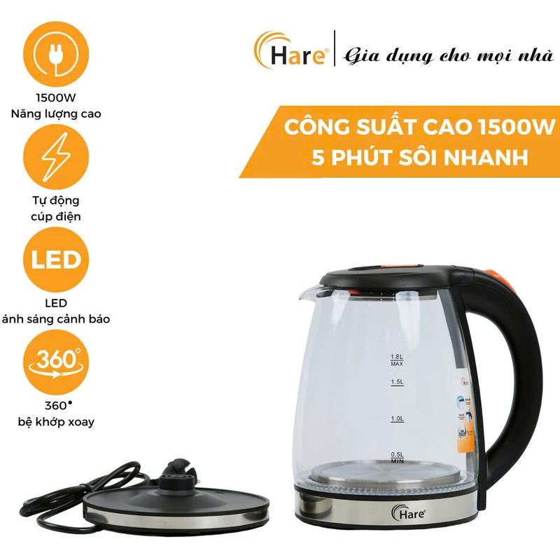 Ấm siêu tốc thủy tinh chịu nhiệt HR-KE1806 (1.8L), công suất 1500W, đun sôi nhanh trong 5 phút - thương hiệu Hare - bảo hành 12 tháng 4