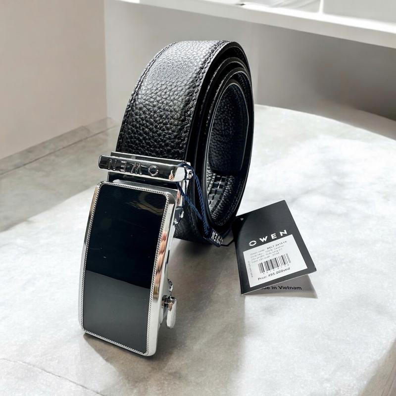 Thắt lưng nam OWEN da bò thật cao cấp, mặt khóa trượt, may hai bên (giá mác 495k)
