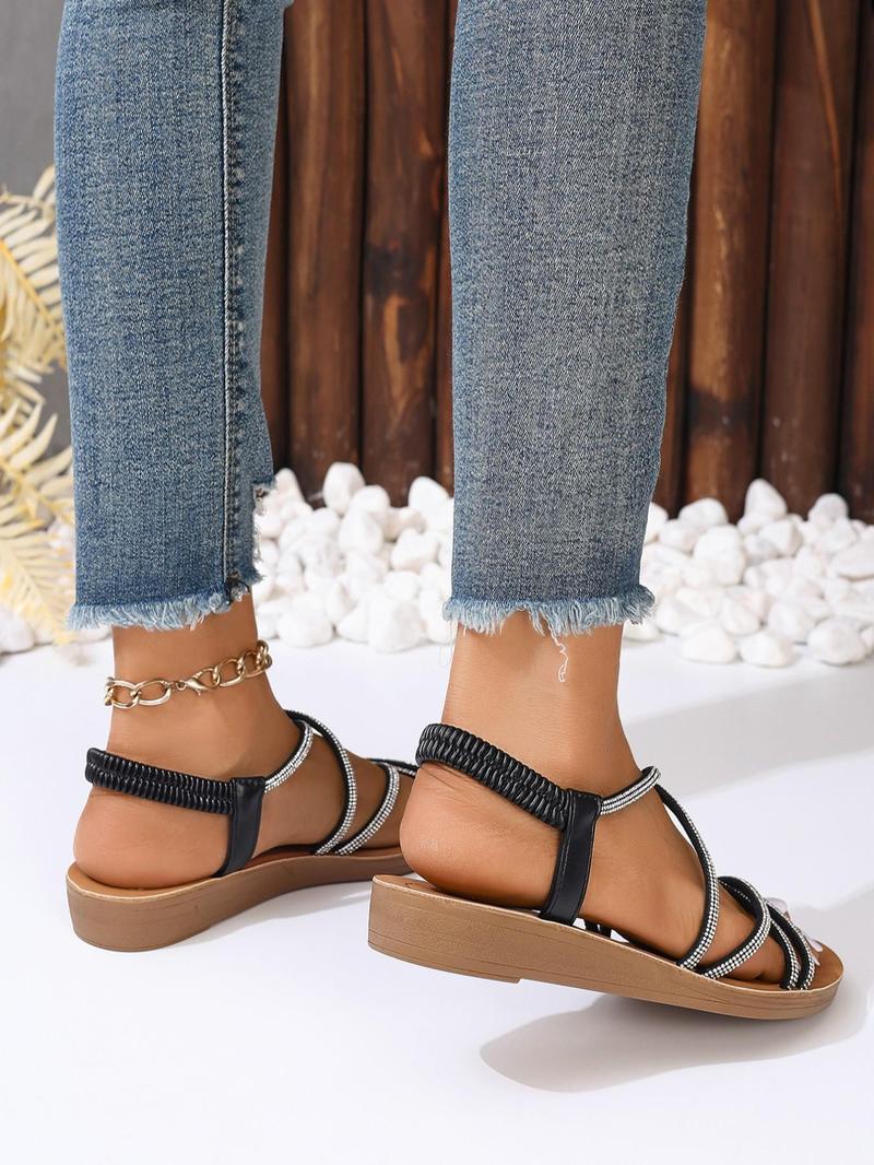 Product Introduction of Women's Fashionable Rhinestone Decorated Slip on Sandals, 1 Pair Casual and Versatile Open Toe Flat Sandals for Summer, Lightweight Comfortable Shoes for Daily Wear 16