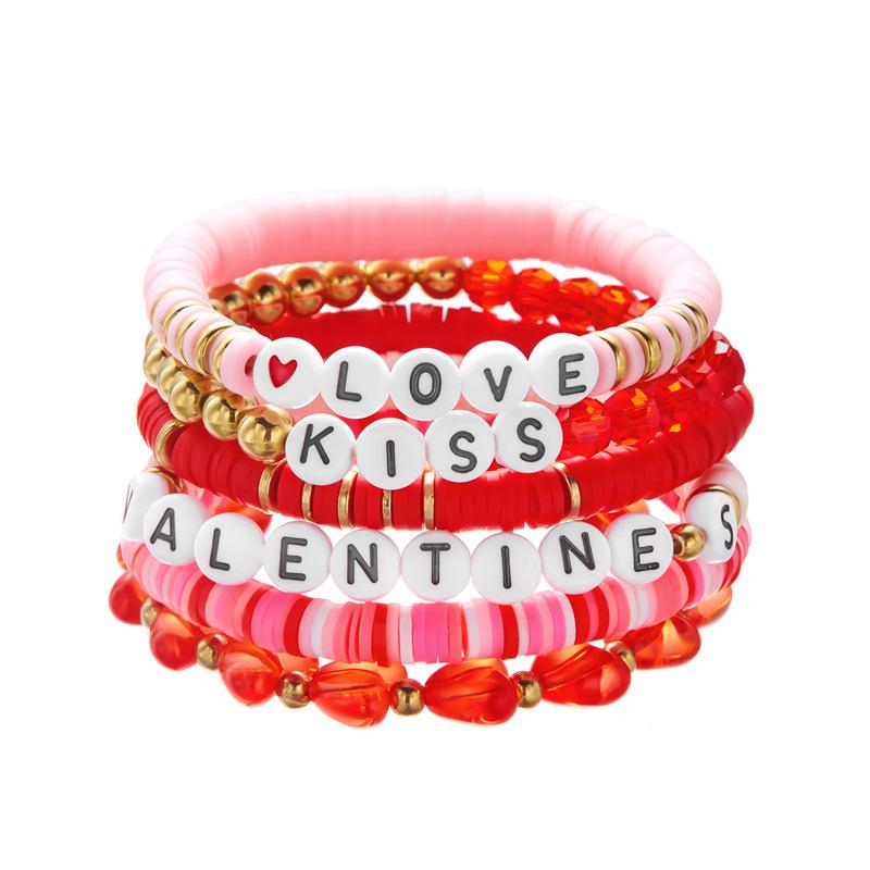 Product Introduction of Europe and America Cross Border Valentine's Day Bracelet Multi-Layer Twin Pink Love Pendant Bracelet Polymer Clay Beaded Stretch Bracelet 11