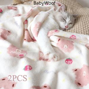 BabyWoof 2件装 宠物猫咪防着凉保暖毯子布偶猫可爱卡通草莓熊图案柔软舒适小毛毯