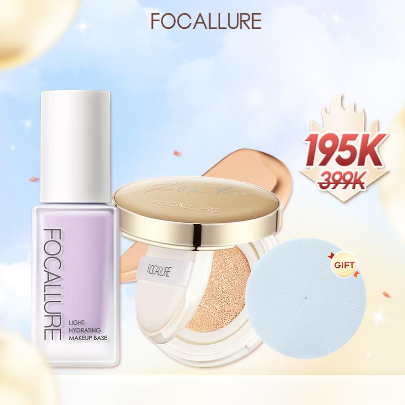 FOCALLURE Combo 2 Món Kem Lót Hỗ Trợ Làm Đều Màu Da + Phấn Nước Cushion Hỗ Trợ Che Phủ Lỗ Chân Lông Phù Hợp Cho Mọi Loại Da