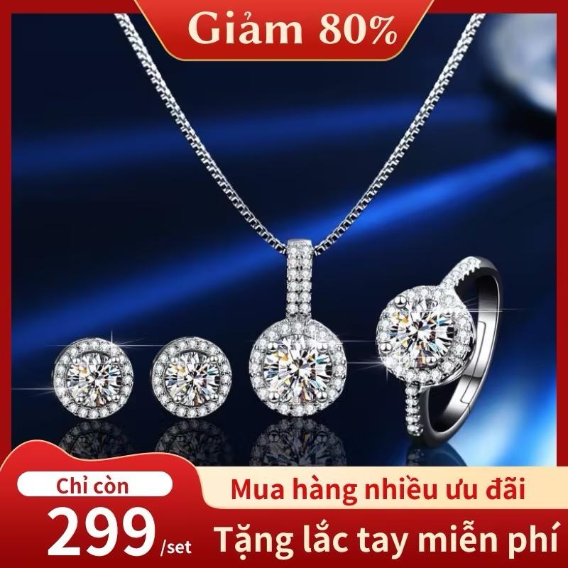 Deal hời Bộ trang sức nữ halo tròn trắng gồm nhẫn dây chuyền và bông tai kèm hộp đựng phụ kiện nhập khẩu chính hãng Women Móc Khoá Hoa